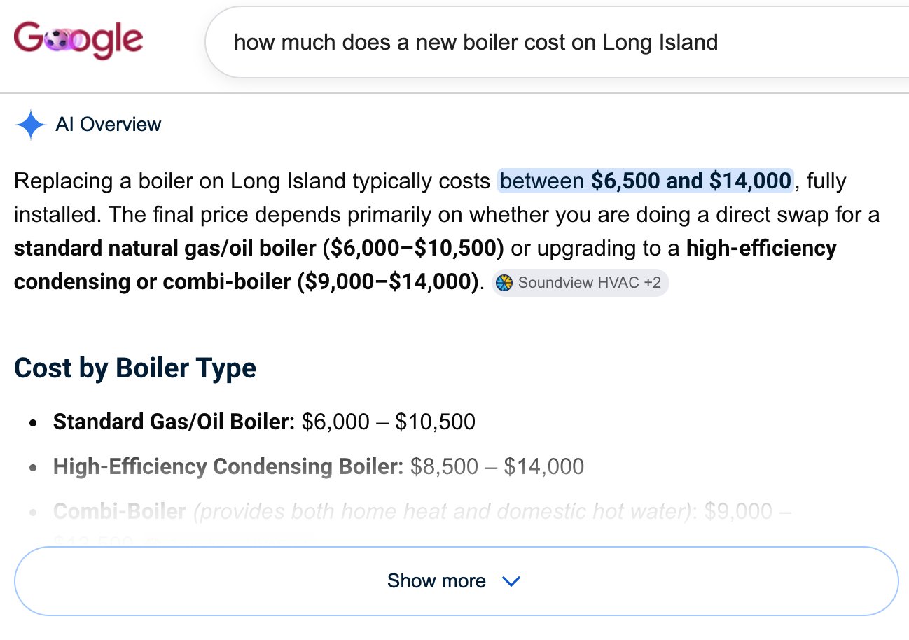 Google AI Overview answering a homeowner question about boiler replacement cost on Long Island, citing a local HVAC business as the source