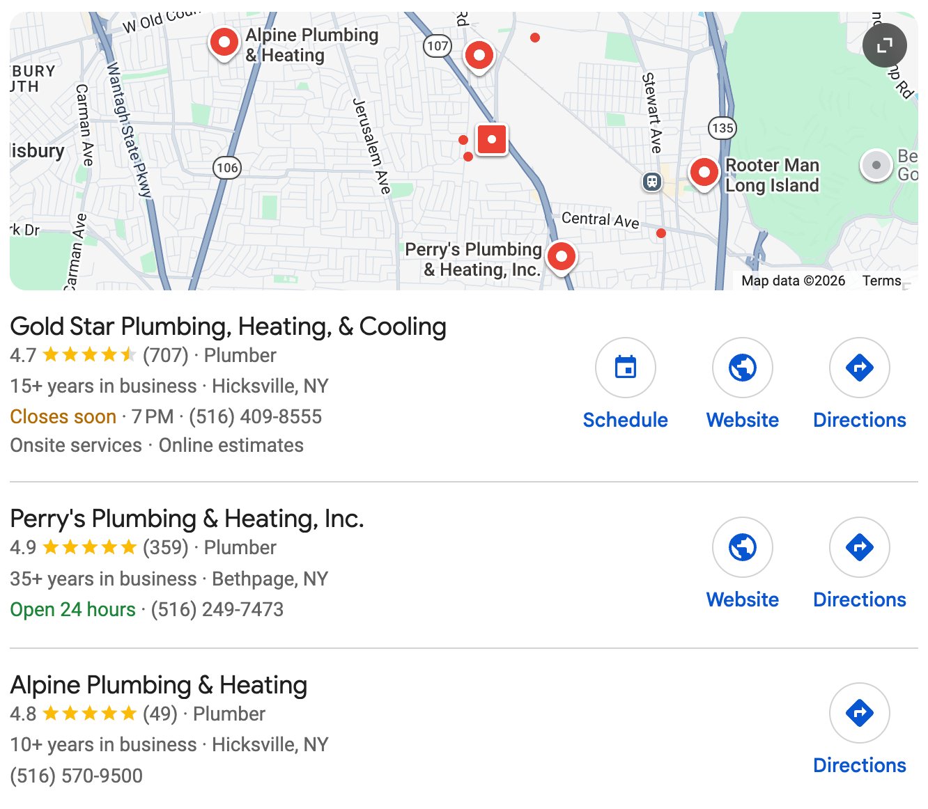 Google Local Pack and map showing top plumbing businesses in the Hicksville and Bethpage area with star ratings, review counts, and contact options
